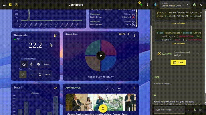 The News Reader widget seamlessly integrated into the HomeGenie dashboard