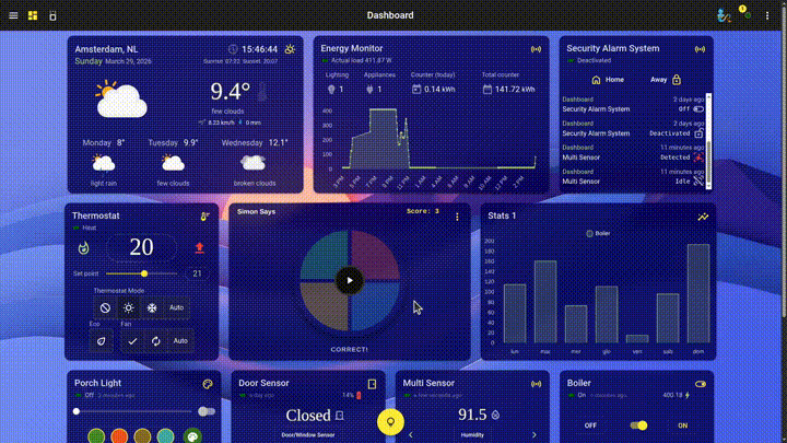 Simon Says Widget perfectly fitting on a HomeGenie Dashboard