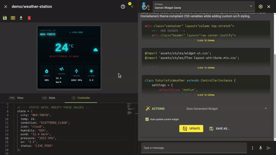 Manually tweaking CSS and inline data model in the HomeGenie editor