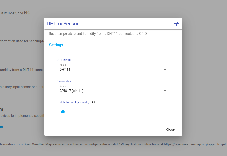 Configuring DHT-xx Sensor program to read data from DHT-11 sensor connected to GPIO17 (pin 11)